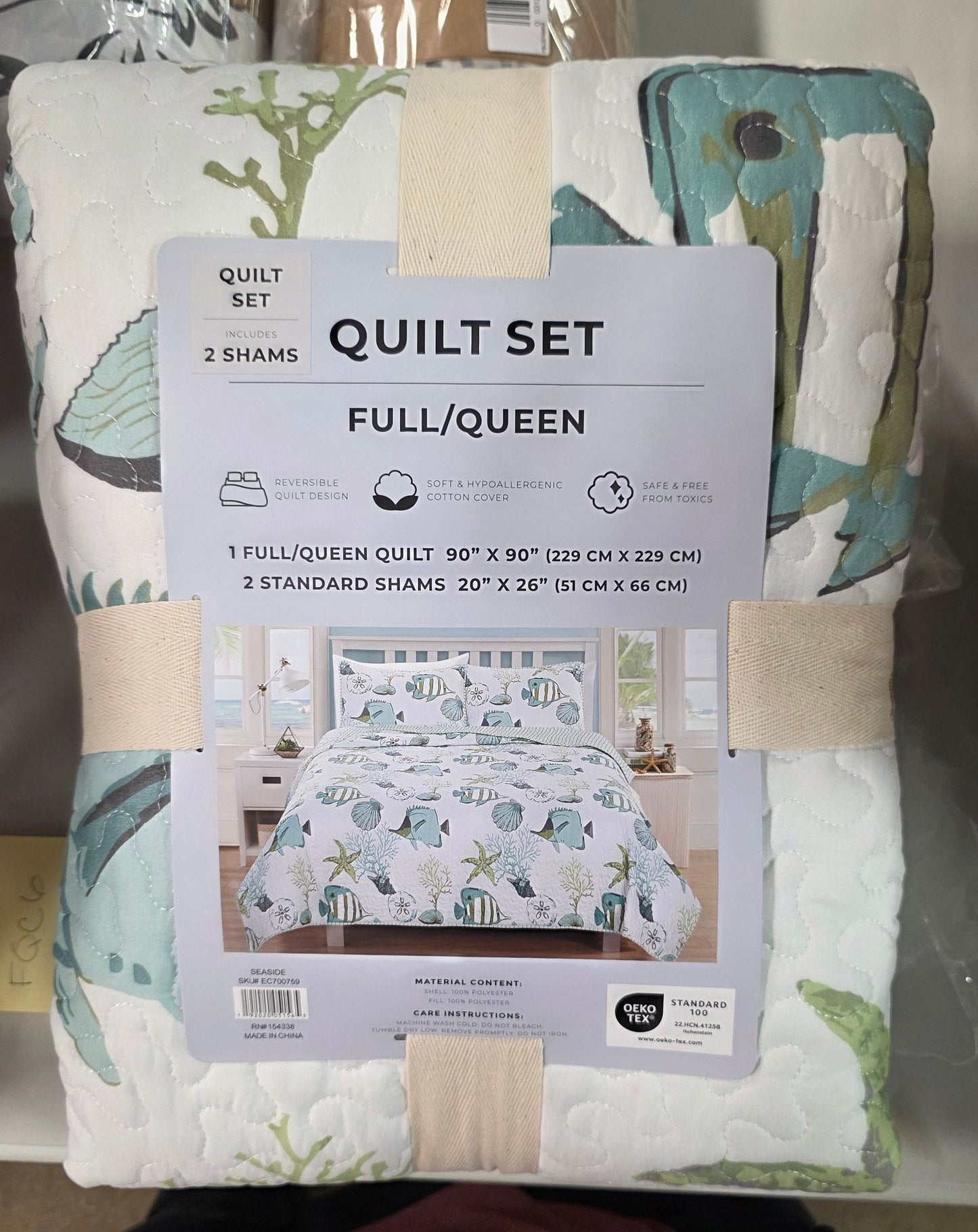 Linery Fish Coral Quilt Full/Queen Set
