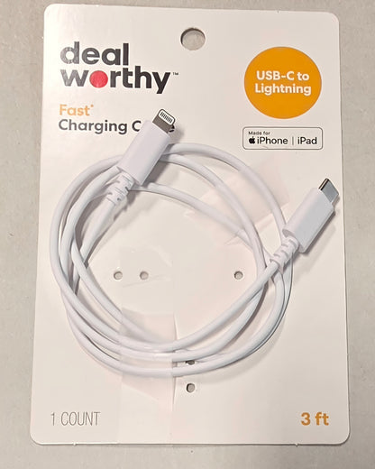 3' Lightning to USB-C Charging Cable - dealworthy™ White: Male-To-Male Connector Open package