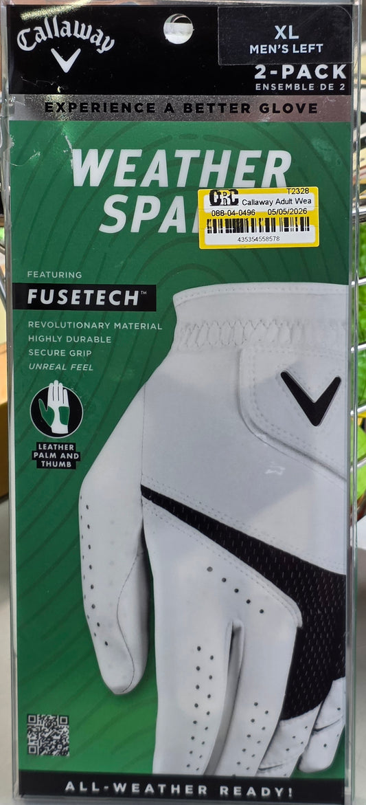 Callaway Adult Weather Spann Golf Gloves 2pck - White XL - Men's Left