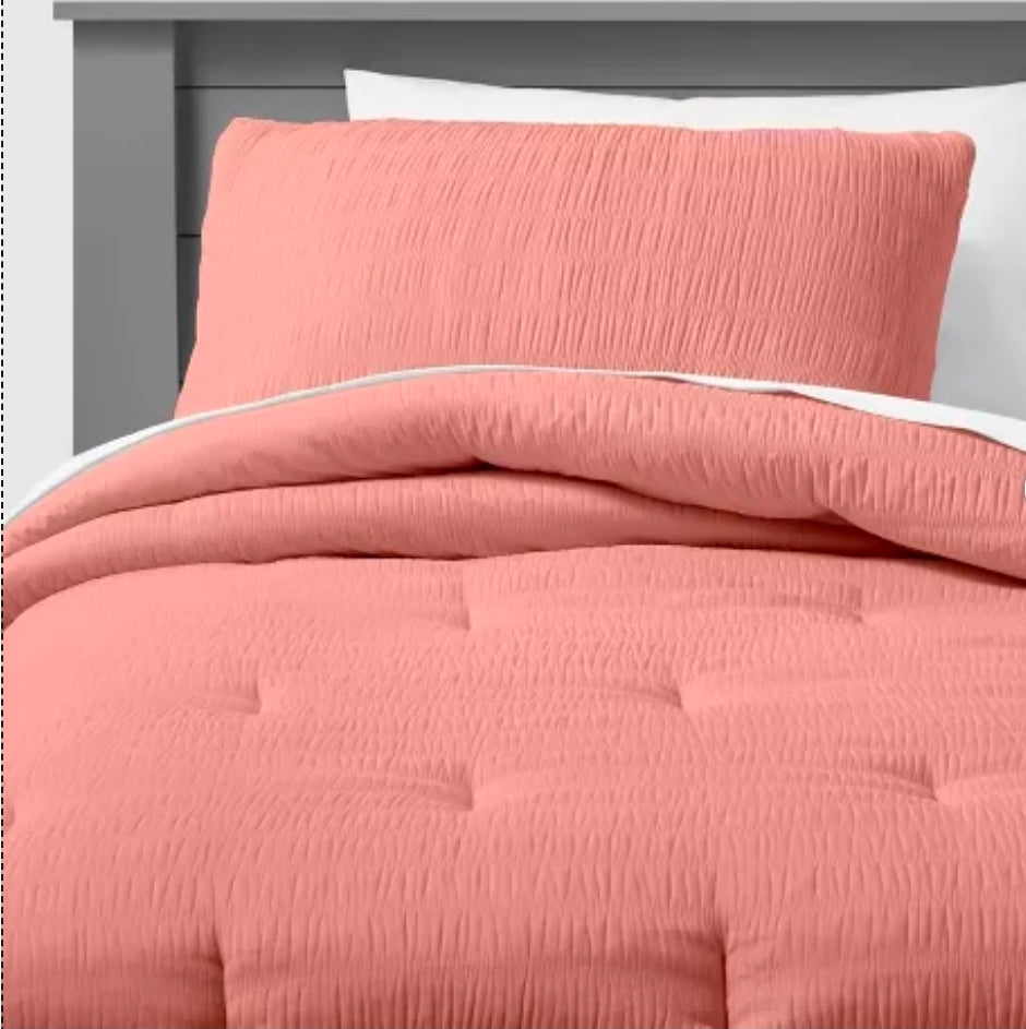 Full/Queen Seersucker Kids' Comforter Set Rose Pink - Pillowfort™: Microfiber Bedding, OEKO-TEX Certified, 3-Piece
