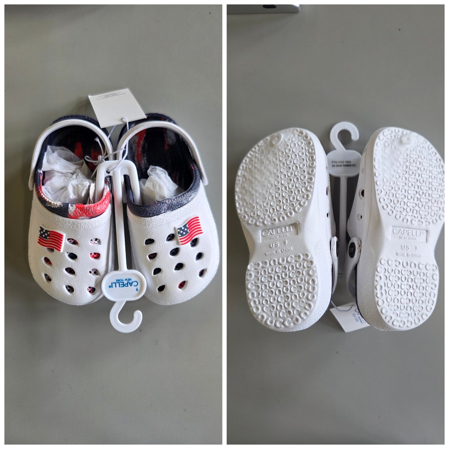 Kids red, white and blue patriotic clogs - SOME MINOR COSMETIC FLAWS