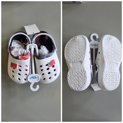 Kids red, white and blue patriotic clogs - SOME MINOR COSMETIC FLAWS