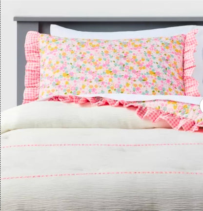 Twin Reversible Crinkle Bow Gingham Floral Kids' Comforter & Sham Set