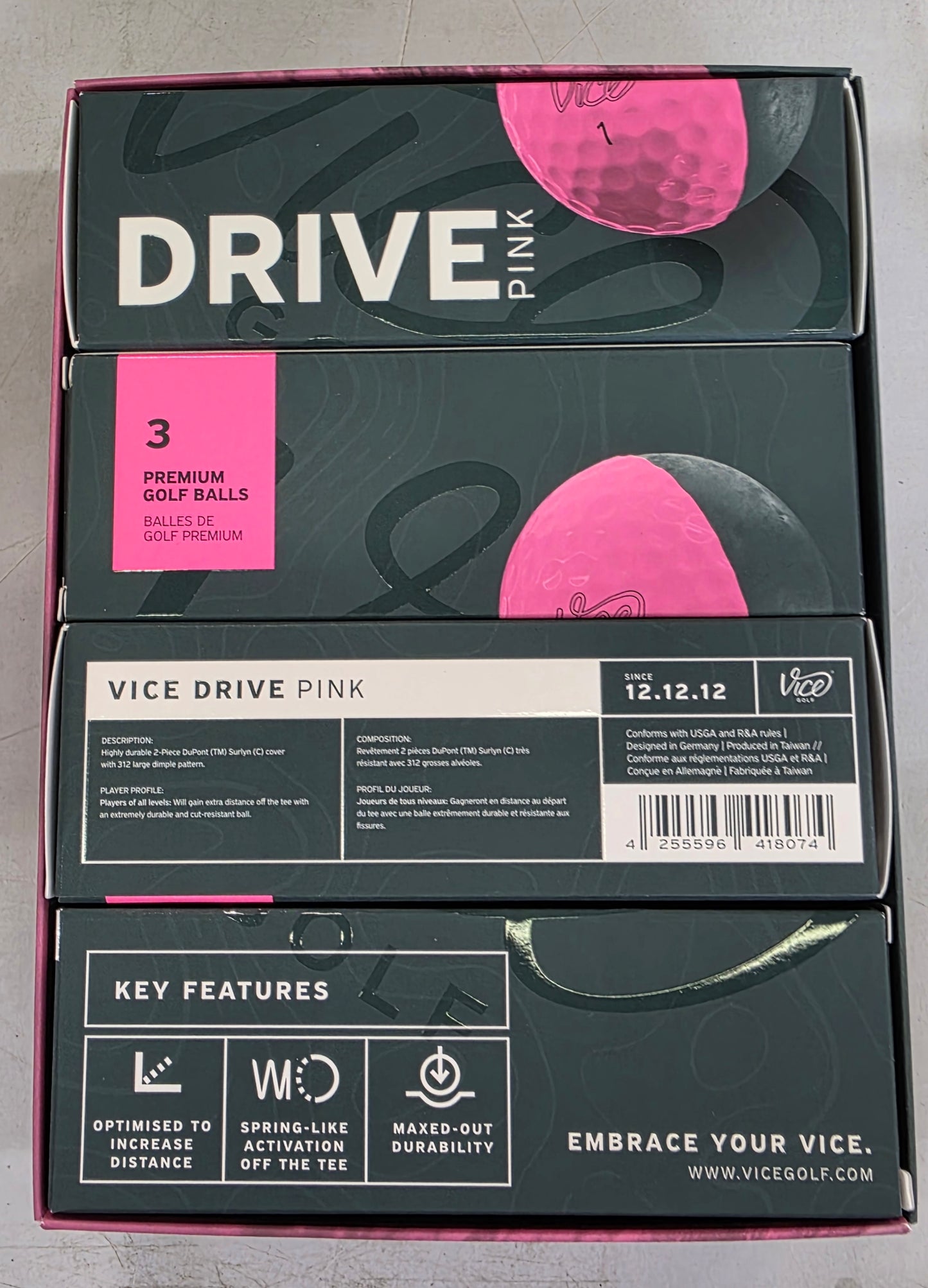 Vice Golf Vice Drive Golf Balls 12pk - Pink: Polybutadiene Core, Ionomer Shell