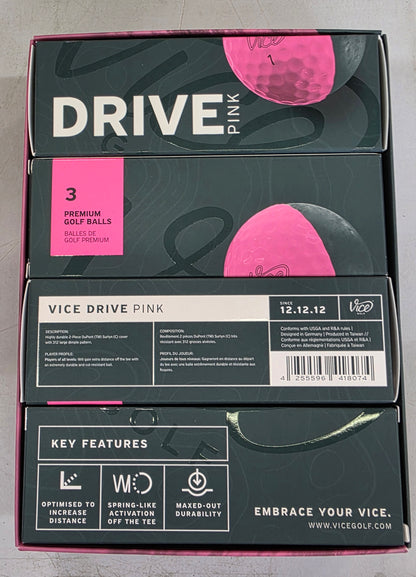 Vice Golf Vice Drive Golf Balls 12pk - Pink: Polybutadiene Core, Ionomer Shell