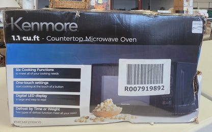 Kenmore 1.1 cu ft Microwave Oven Black: Countertop Oven, 1000W, Child Lock, 6 Programs, 1 Year Warranty PICKUP ONLY...  DAMAGED OPEN BOX