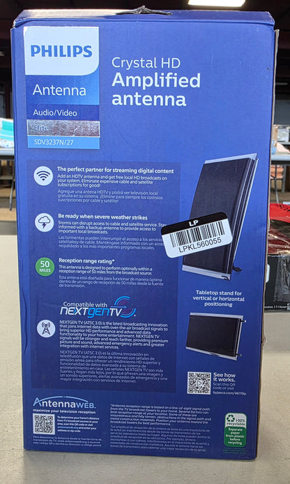Philips Crystal HD Indoor Amplified TV Antenna with 6' Coaxial Cable – Black: Digital Signal, 50 Mile Range