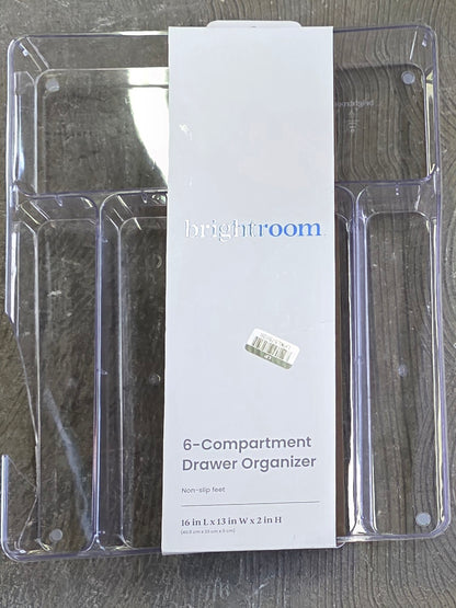 6 Compartment Plastic Organizer - Clear In-Drawer Storage, Contemporary Style, 16"x13" AS-IS