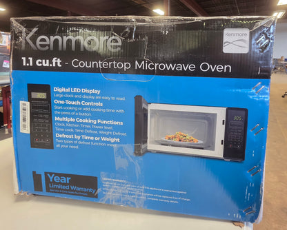 Kenmore 1.1 cu ft Microwave Oven Black: Countertop Oven, 1000W, Child Lock, 6 Programs, 1 Year Warranty PICKUP ONLY...  DAMAGED OPEN BOX