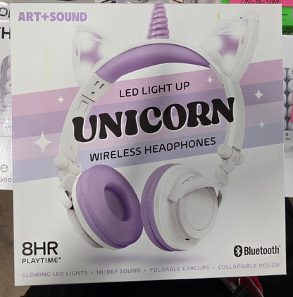 ART+SOUND LED Light Up Unicorn Bluetooth Wireless / Wired Headphones: Adjustable Headband, Built-In Microphone