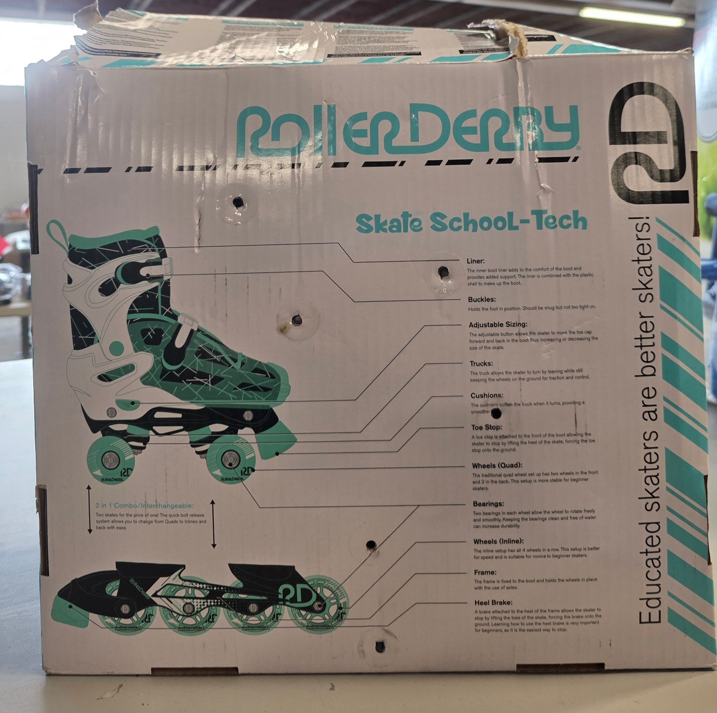 Roller Derby Mint Prodigy Kids' Adjustable Inline-Quad Combo Skates - White/Mint Green M (3-6)  AS-IS PICKUP ONLY