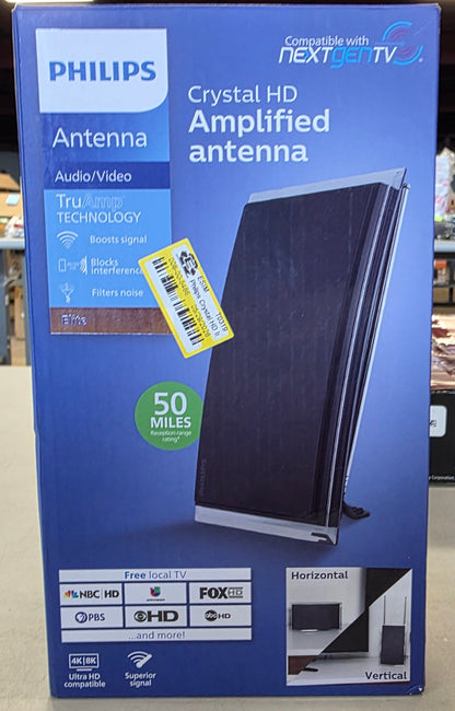 Philips Crystal HD Indoor Amplified TV Antenna with 6' Coaxial Cable – Black: Digital Signal, 50 Mile Range