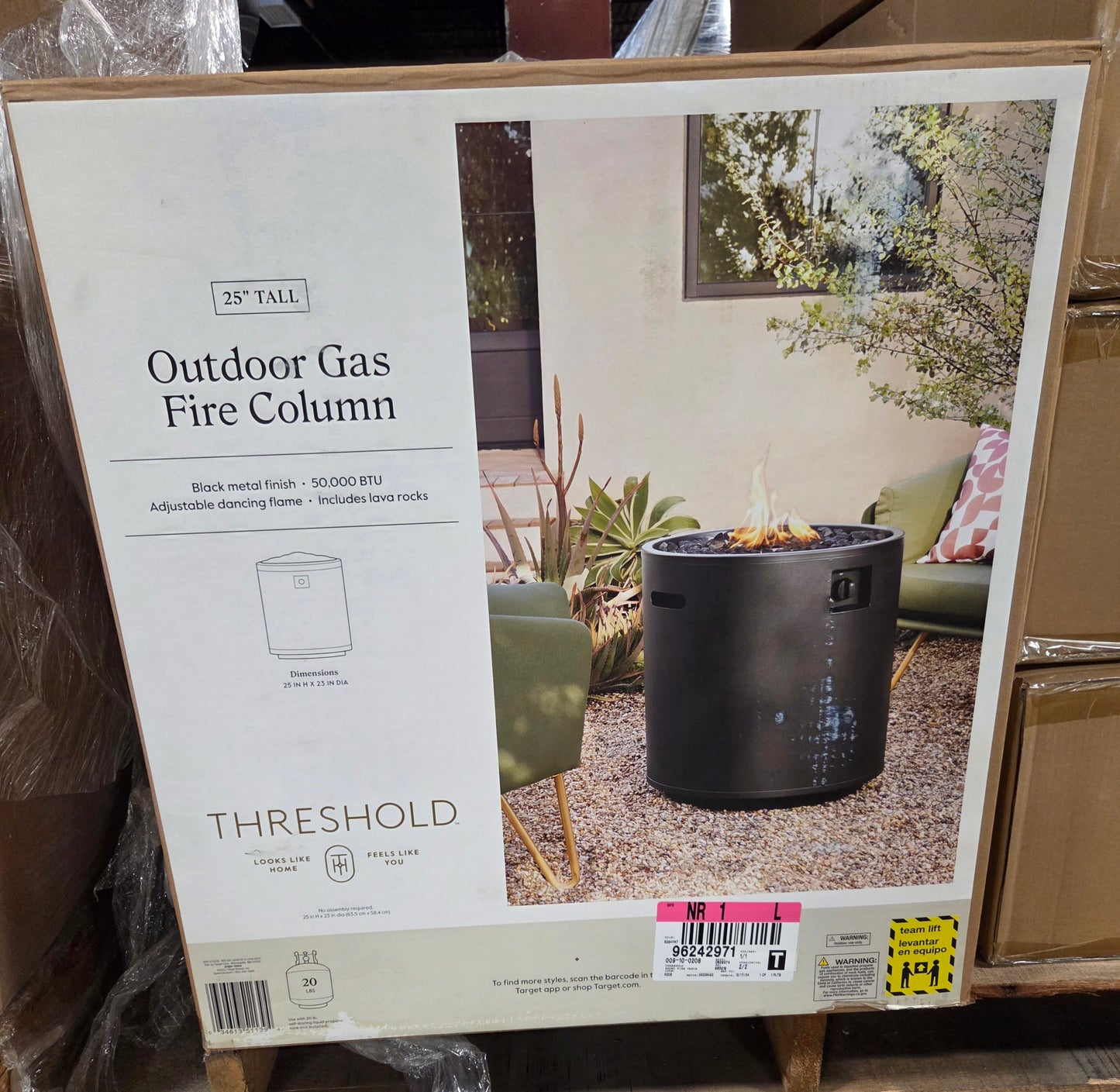 Outdoor gas fire column 25" tall - black metal finish - 50,000 BTU - includes lava rocks - PICK UP ONLY