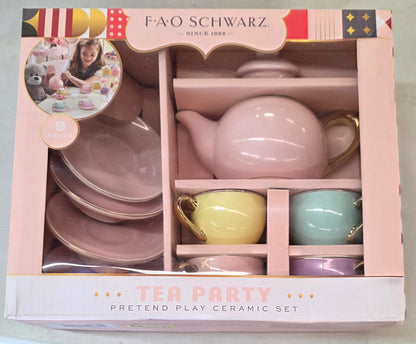 FAO Schwarz Hand-Glazed Ceramic Tea Party Set - 9pc: BPA-Free Pretend Play Tea Accessories for Kids