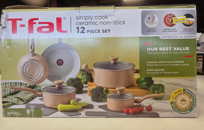 T-Fal 12pc Simply Cook Ceramic Cookware Set Beige: Nonstick Pots & Pans, Tempered Glass Lids, Ergonomic Handles PICKUP ONLY