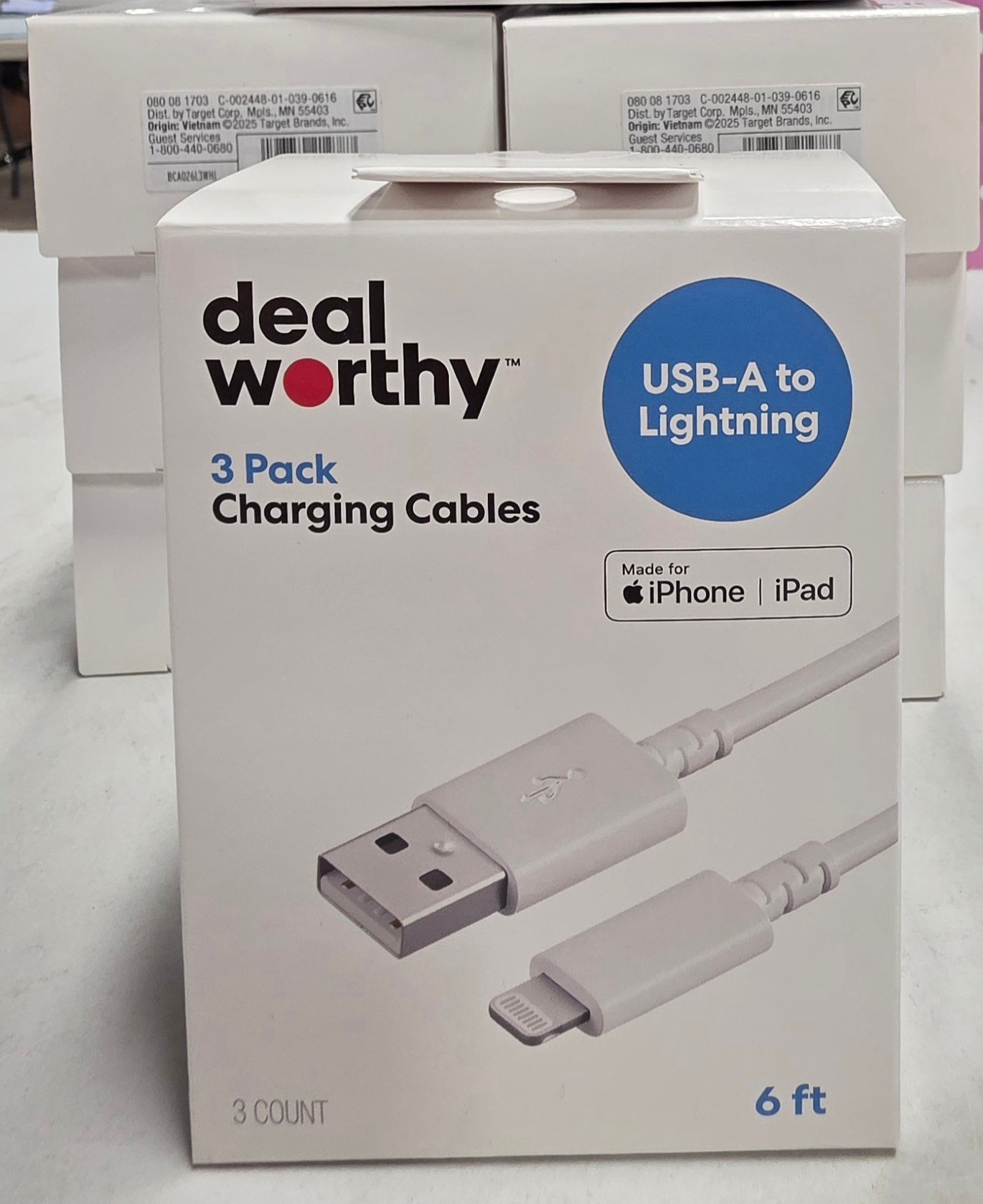 3 Pack 6' Lightning to USB-A Charging Cables  - dealworthy™ White: Male-to-Male Connector