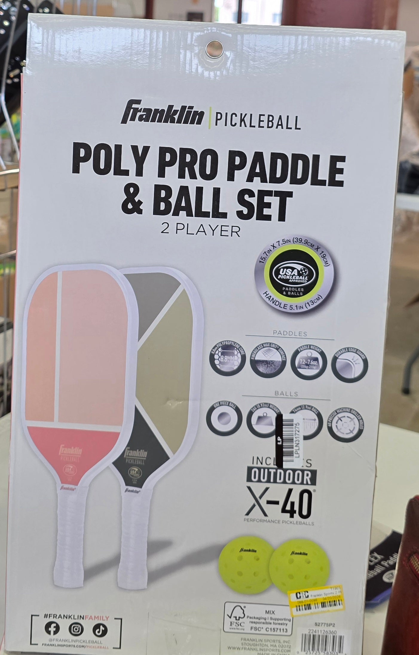 Franklin Sports 2 Player Poly Pro Pickleball Set with Balls - Pink/Green: Medium Flex, 4-1/4" Grip