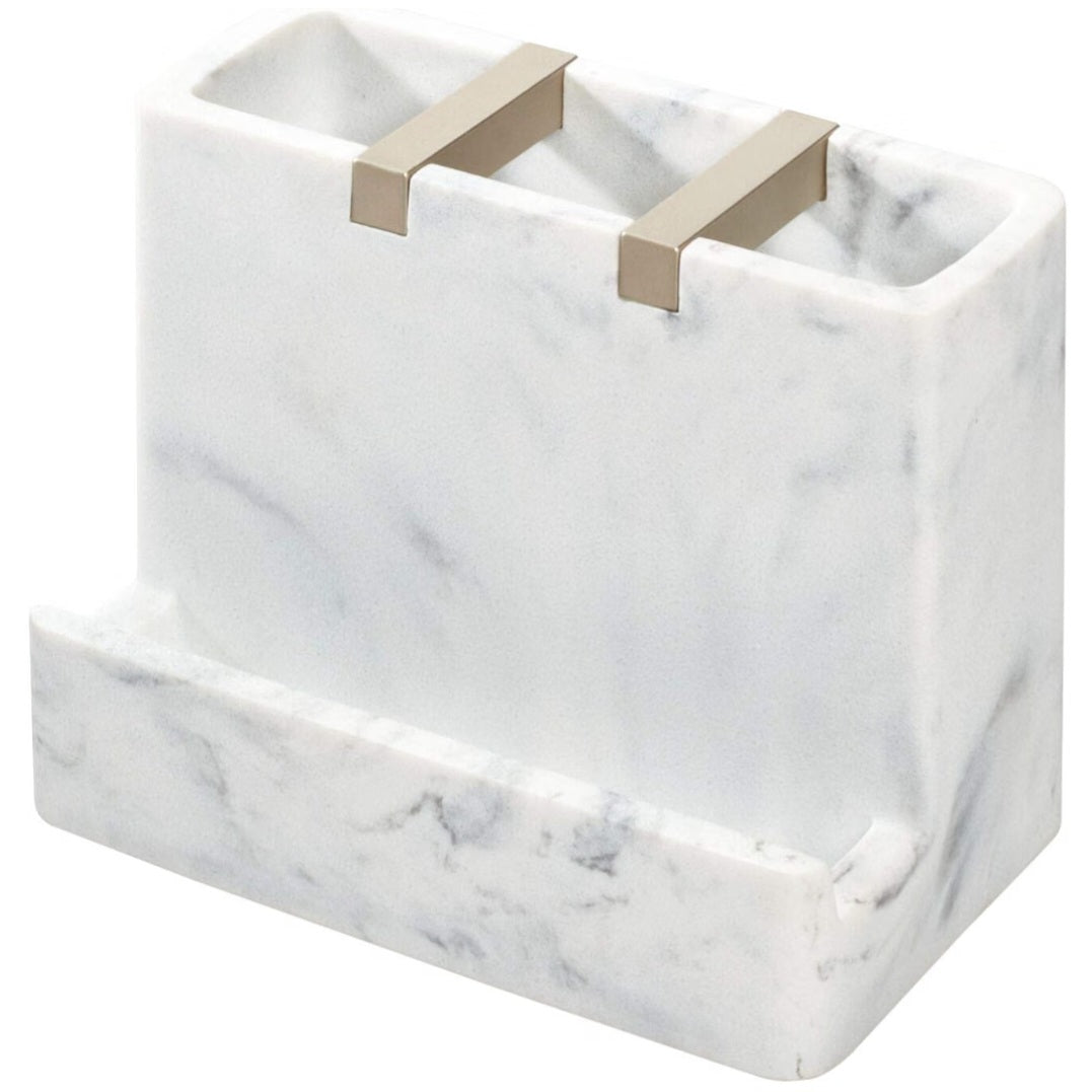 iDesign Dakota Resin Marble Vanity Center for Toothbrush, Cell Phone, Bathroom Countertops, Desks, Vanities, Dorm, Office - White Marble and Satin Metal Accents