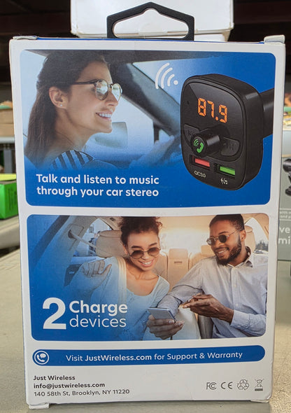 Just Wireless Bluetooth FM Transmitter Type C and USB-A Charging Port Bass Sound Booster - Black
