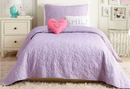 4Pc Twin Heart Kids' Quilt Set Lavender - Urban Playground: Girls Bedding Set with Decorative Pillows, Embroidered Details