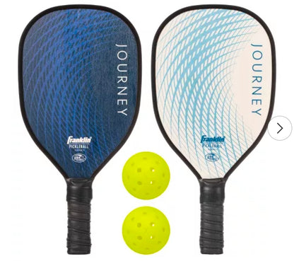 Franklin Sports 2 Player Wood Journey Pickleball Paddle and Ball Set in Mesh Bag - White/Navy: Medium Flex, Traditional Shape -Out of package