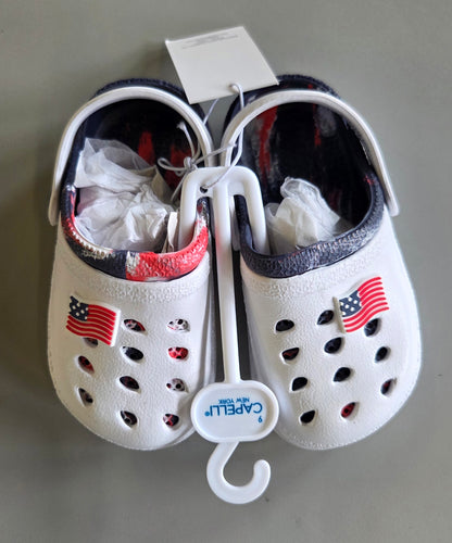 Kids red, white and blue patriotic clogs - SOME MINOR COSMETIC FLAWS