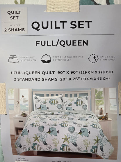 Linery Fish Coral Quilt Full/Queen Set
