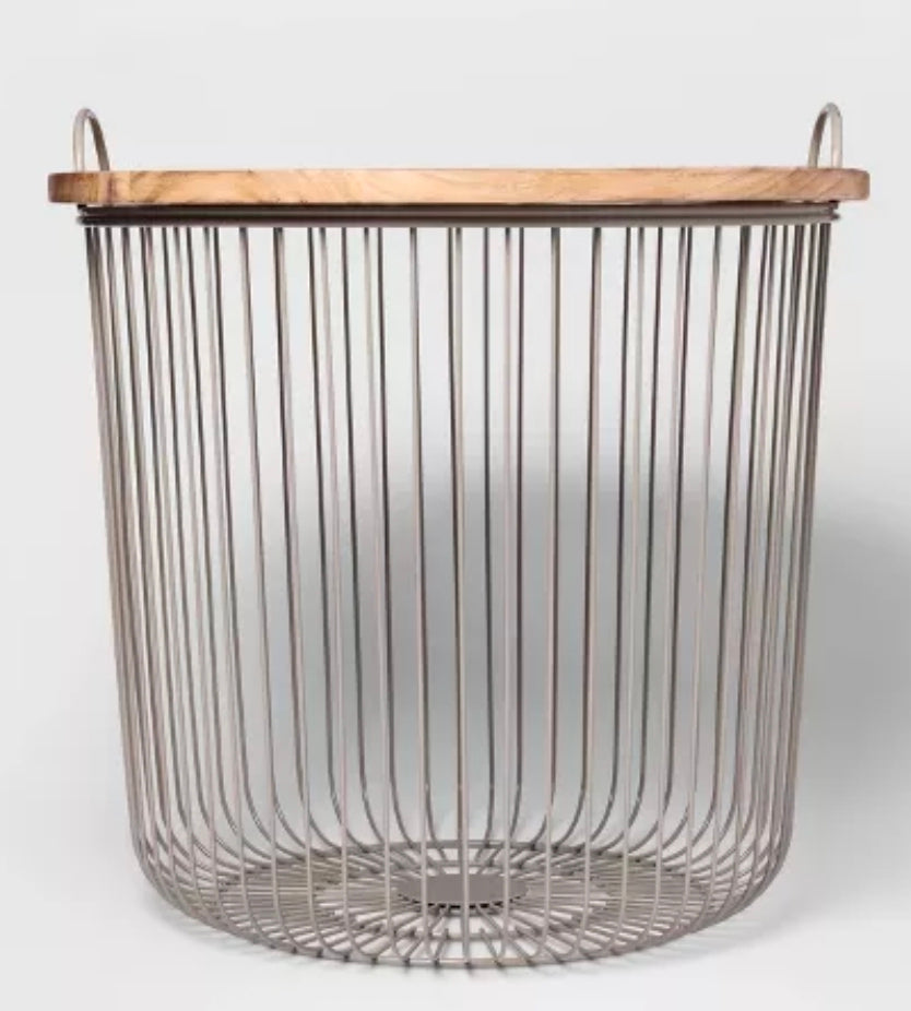 AS-IS - Wire Kids' Storage Floor Bin Gray - Pillowfort™: Round Metal & Wood Basket with Lid and Handles
