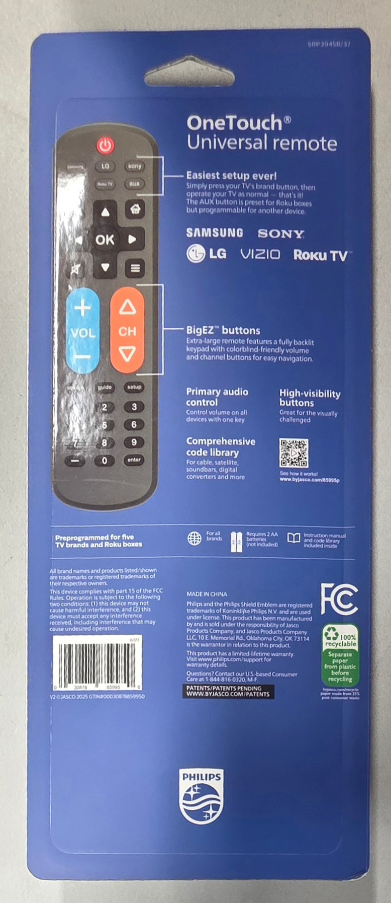 Philips BigEZ OneTouch Backlit Remote for Samsung Smart TV, LG, Sony, VIZIO, Fire TV and Roku TV