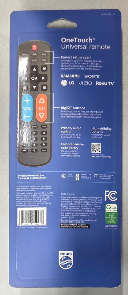 Philips BigEZ OneTouch Backlit Remote for Samsung Smart TV, LG, Sony, VIZIO, Fire TV and Roku TV