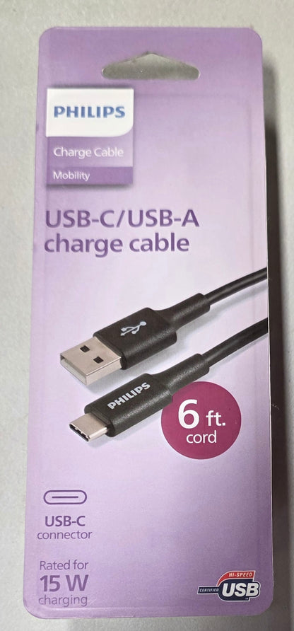 Philips 6' Cable, USB-A to USB-C 15W Charge - Black: Connection Male-To-Male
